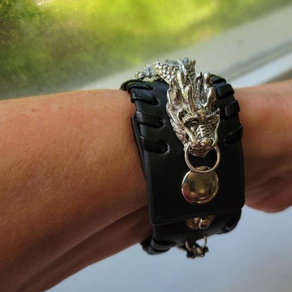 Steel Articulated Dragon & Dark Brown Leather Unisex Bracelet Snap Closure 8.5" - Picture 3 of 9
